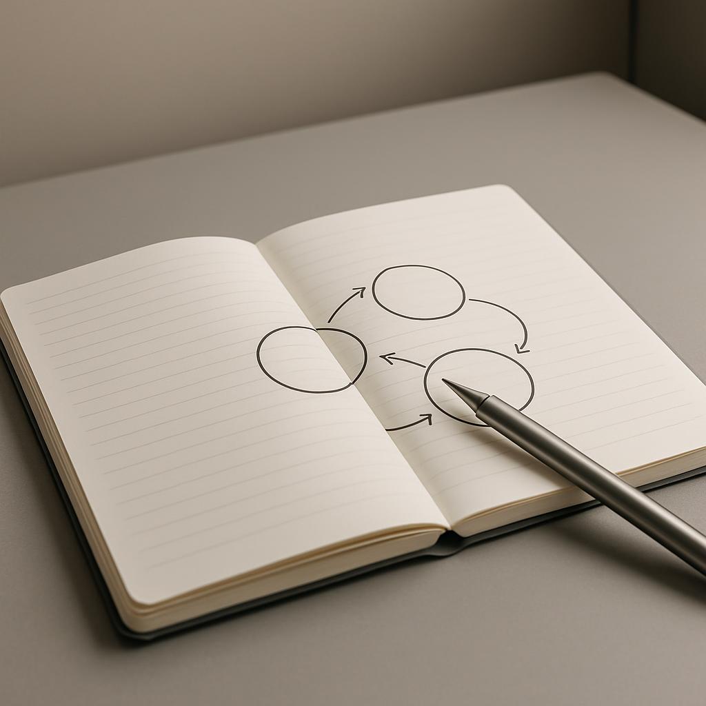 An open notebook with a simple diagram on a gray surface. The image is likely used to illustrate an article or blog post a...