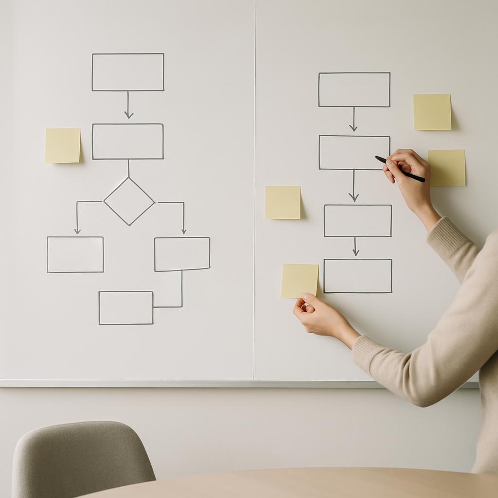 A person is writing a whiteboard with a flowchart on it.