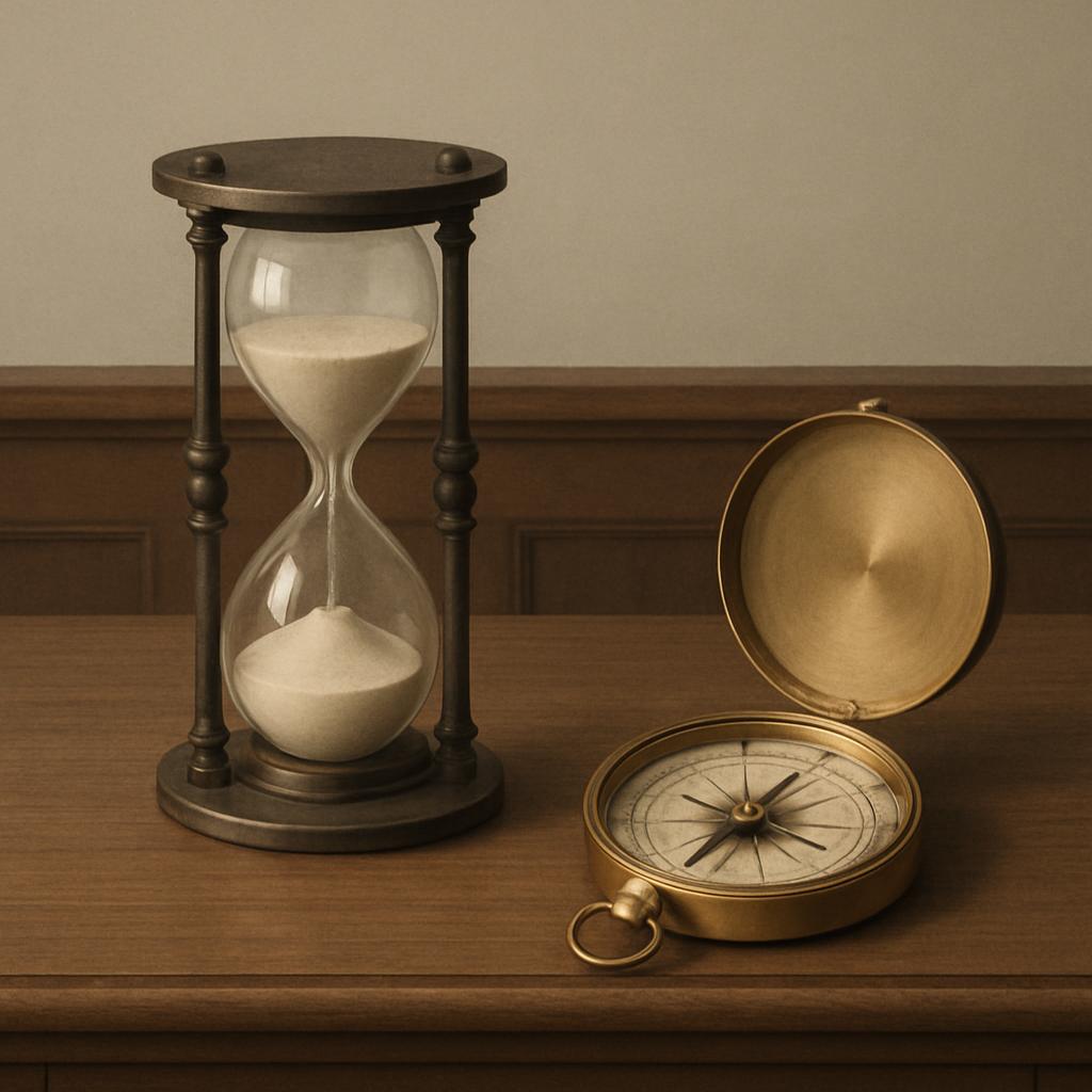 An hourglass and an antique compass on a wooden table. (A bracketed tag behind that text reads "108736438" )
